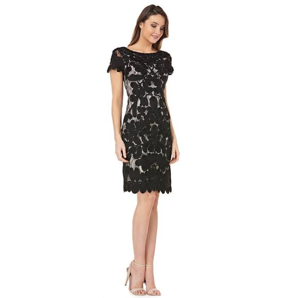 JS Collections Black Lace Cocktail Dress High Neck Short Sleeve Mini 4 Sheath - Picture 1 of 8